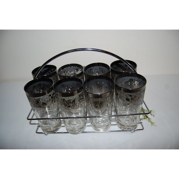 Vintage Glasses Eight Silver Etched with Carrier - Picture 5 of 5